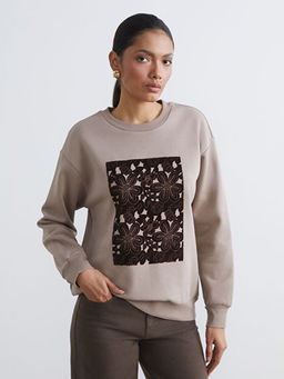 Bisiklet Yaka Bask?l? Kad?n Kal?n Sweatshirt