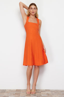 Turuncu A-Kesim Kare Yaka Mini Dokuma Elbise TWOSS23EL01549