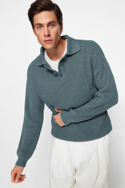 TRENDYOL MAN Unisex Petrol Oversize Fit Genis Kal?p Polo Yaka Tuylenmeyen Basic Triko Kazak TMNAW24KZ00000 - Trendyolmilla фото 3