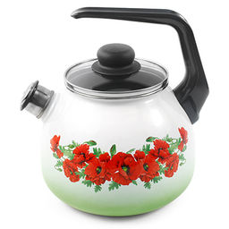 "Восточный мак" Чайник эмалированный 3л, д20см, h16см, со свистком, сферическая форма, стеклянная крышка с пластмассовой ручкой-кнопкой, ободок из нержавеющей стали, пластмассовая фиксированная ручка, белый (Россия)