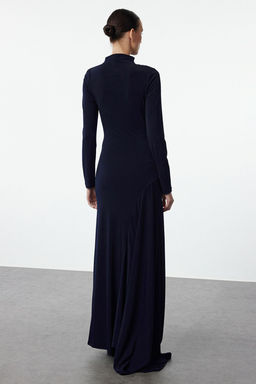 TRENDYOLMILLA Lacivert Fitted/Vucuda Oturan Dik Yaka Uzun Kollu Esnek Maxi Orme Elbise TWOAW25EL00099  фото 9