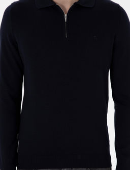 Lacivert Slim Fit Fermuarl_ Polo Yaka Basic Triko Kazak