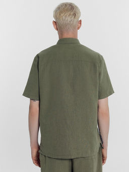 Рубашка мужская оливково-зеленая из хлопка и льна - Mark formelle фото 5