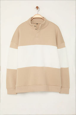 TRENDYOL MAN Lacivert Oversize/Genis Kesim Dik Yaka Renk Bloklu Ici Polar Buyuk Beden Sweatshirt TMNAW25AO00033 - Trendyolmilla фото 8