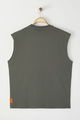 Gri Oversize/Genis Kesim Kabar?k Yaz? Bask?l? Etiketli S?f?r Kol T-Shirt/Atlet TMNSS24AL00005