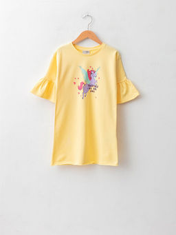 Bisiklet Yaka Bask?l? K?sa Kollu Pamuklu K?z ?ocuk Elbise