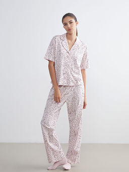 G?mlek Yaka Bask?l? Kad?n Pijama Tak?m?