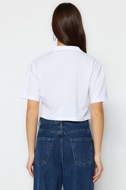 TRENDYOLMILLA Lacivert %100 Pamuk Relaxed/Rahat Kal?p Crop Polo Yaka Orme T-Shirt TWOSS22TS0241  фото 19