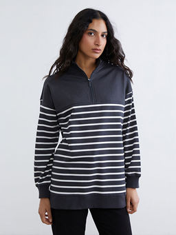 Dik Yaka ?izgili Kad?n Sweatshirt Tunik