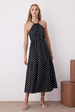 Siyah Puantiyeli Boyundan Baglamal? Bask?l? Orme Elbise TWOSS23EL00705