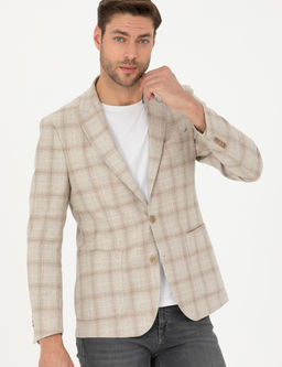 Bej Slim Fit Keten Kar___ml_ Ekose Ceket
