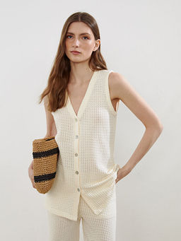 V Yaka Kendinden Desenli Kad?n Yelek