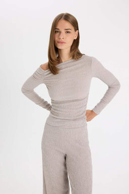 Женская приталенная футболка узкого кроя с длинным рукавом и запахом на одно плечо - Defacto фото 7