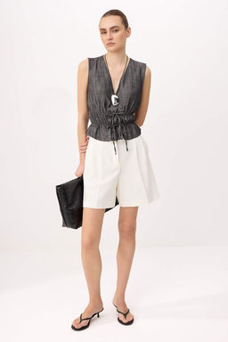 Lacivert Fiyonk Detayl? V Yaka Dokuma Bluz TWOSS26BZ00417