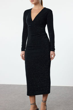 Trendyolmilla Siyah-Yesil Simli Orme S?k Abiye Elbise TPRAW25EL00063 фото 3