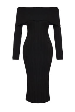 TRENDYOLMILLA Siyah Midi Triko Basic Carmen Yaka Elbise TWOAW25EL00033