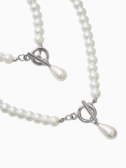 Набор 2 пред-та: бусы.браслет "Жемчуг", капелька, цвет белый в серебре L=18/42см №8