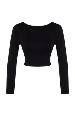 Trendyolmilla Siyah Seamless/Dikissiz S?rt ve Reflektor Bask? Detayl? Crop Orme Spor Ust/Bluz THMAW24BZ00023