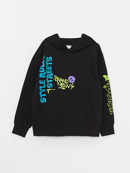 Kap??onlu Bask?l? Uzun Kollu Erkek ?ocuk Sweatshirt