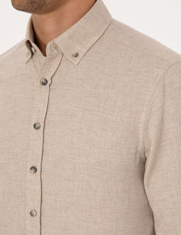 Bej Flanel Dokulu Slim Fit Uzun Kollu G_mlek