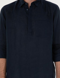 Lacivert Slim Fit Yar_m D__meli %100 Keten G_mlek