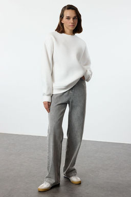 Ekru Oversize/Rahat Kesim Basic Bisiklet Yaka Kal?n/Ici polarl? Orme Sweatshirt TWOAW24SW00102