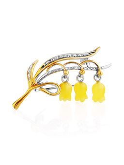 Красивая брошь Ландыш из серебра с золочением и цельного медового янтаря