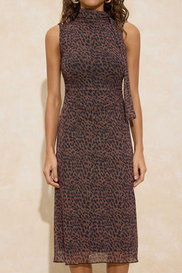 Kahverengi Animal A-Kesim/Can Form Dik Yaka Kolsuz Midi Tul Orme Elbise TWOSS26EL00103