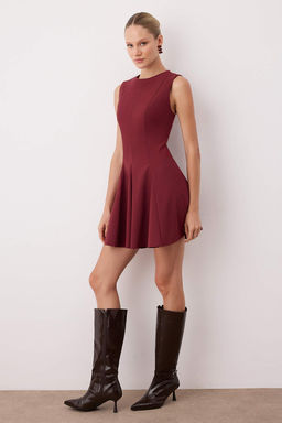 Koyu Bordo Etegi Belden Ac?lan K?sa / Mini Dokuma Elbise TWOAW25EL00244