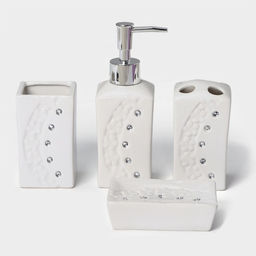 Аксессуары для ванной Доляна Цветочный барельеф, 4 предмета, дозатор 270 мл, мыльница, 2 стакана 210 мл, белые  фото 4
