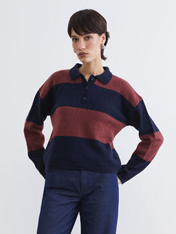 Polo Yaka ?izgili Kad?n Triko Kazak