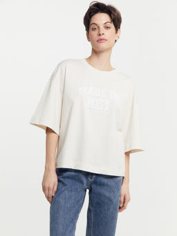 Футболка женская бежевая с печатью белый песок +печать 112769