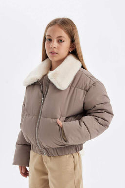 Пуховое пальто с воротником из искусственного меха для девочек, ветрозащитное пальто на молнии - Defacto фото 8