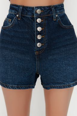 Koyu Mavi Onden Dugmeli Yuksek Bel Mini Denim Sort TWOSS22SR00112