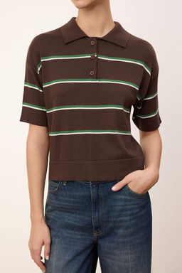 Kahverengi Yazl?k Iplik Cizgili Polo Yaka Triko Ince Bluz TWOSS26BZ00127 - Trendyolmilla фото 3