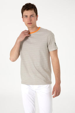 Erkek Regular Fit Bisiklet Yaka Haki _izgili Ti__rt Sepette S_rpriz _ndirim