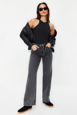 Antrasit Soluk Efektli Vucuda Oturan Halter Yaka Fitilli Pamuklu Esnek Orme Atlet TWOSS24AL00002