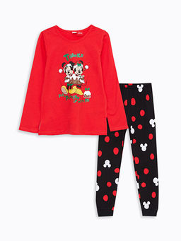 Bisiklet Yaka Minnie ve Mickey Mouse Bask?l? Y?lba?? Temal? Uzun Kollu K?z ?ocuk Pijama Tak?m?
