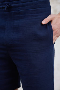 Lacivert Regular Fit Muslin Kumas Keten Gorunumlu %100 Pamuklu Sort TMNSS25SR00059 - Trendyolmilla фото 4