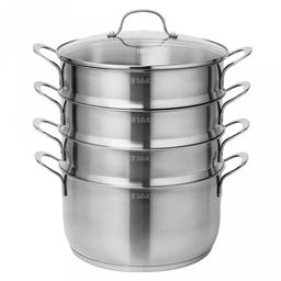 Пароварка (мантоварка) из нержавеющей стали Брилон 7л, д26см, h14см, s0,6мм, дно д23,5см, s4мм, три уровня h7,5см, стеклянная жаропрочная крышка, стальной обод, пароотвод, ручки из нержавеющей стали на сварке, капсулированное дно, полировка матовая