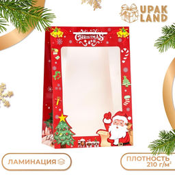 Цена за 2 шт. Пакет ламинированный подарочный с окном «Дед мороз» 24×35×14 см, зеленый