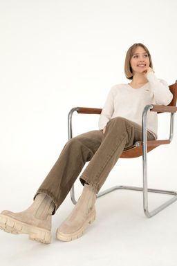 Женский кремовый меланжевый базовый свитер с v-образным вырезом Неожиданная скидка в корзине - U.s. polo assn фото 4