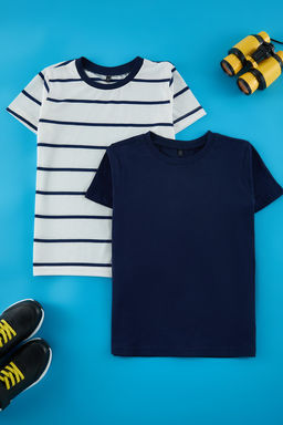 Antrasit-Ekru 2li Erkek Cocuk Basic-Cizgili Regular Kal?p K?sa Kol Orme T-Shirt TKDSS25TS00025 - Trendyolmilla фото 4
