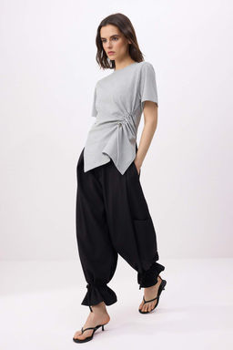 Gri Melanj Regular/Normal Kal?p K?sa Kollu %100 Pamuk Buzgu Detayl? Orme Bluz TWOSS26BZ00009