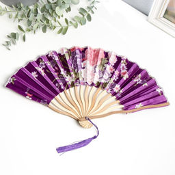 Веер складной h=21 см Цветы, в коробке, изгиб, с кистью, фиолетовый