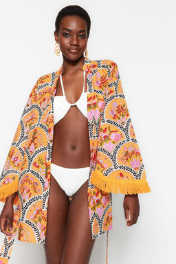 Cicek Desenli Mini Dokuma %100 Pamuklu Plaj Kimono&Kaftan TBESS23KM00004 - Trendyolmilla фото 3