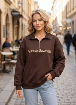 K13554 Толстовка с вышивкой OVER SIZE хлопок КОРИЧНЕВЫЙ