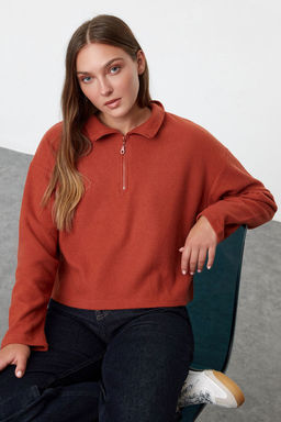 TRENDYOLMILLA Gri Selanik/Triko Gorunumlu Fermuarl? Yaka Regular/Normal Kal?p Orme Sweatshirt TWOAW22SW0732