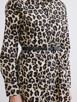 Leopar Desenli Kemerli Poplin G?mlek Elbise
