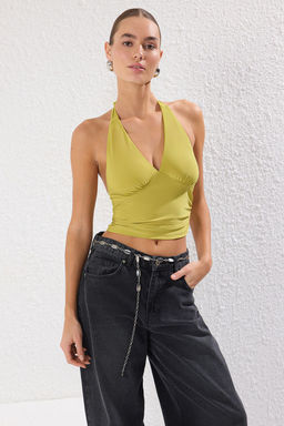 Yag Yesili Boyundan Baglamal? Vucuda Oturan Crop Esnek Orme Bluz TWOSS24BZ00061